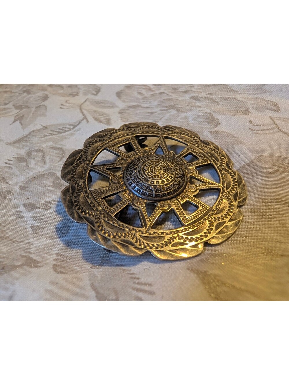 Vintage Sterling Silver Women's Brooch with Intricate Aztec Design